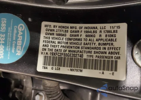 2016 Honda Civic Lx из США, поврежденный, VIN 19XFC2F55GE202740